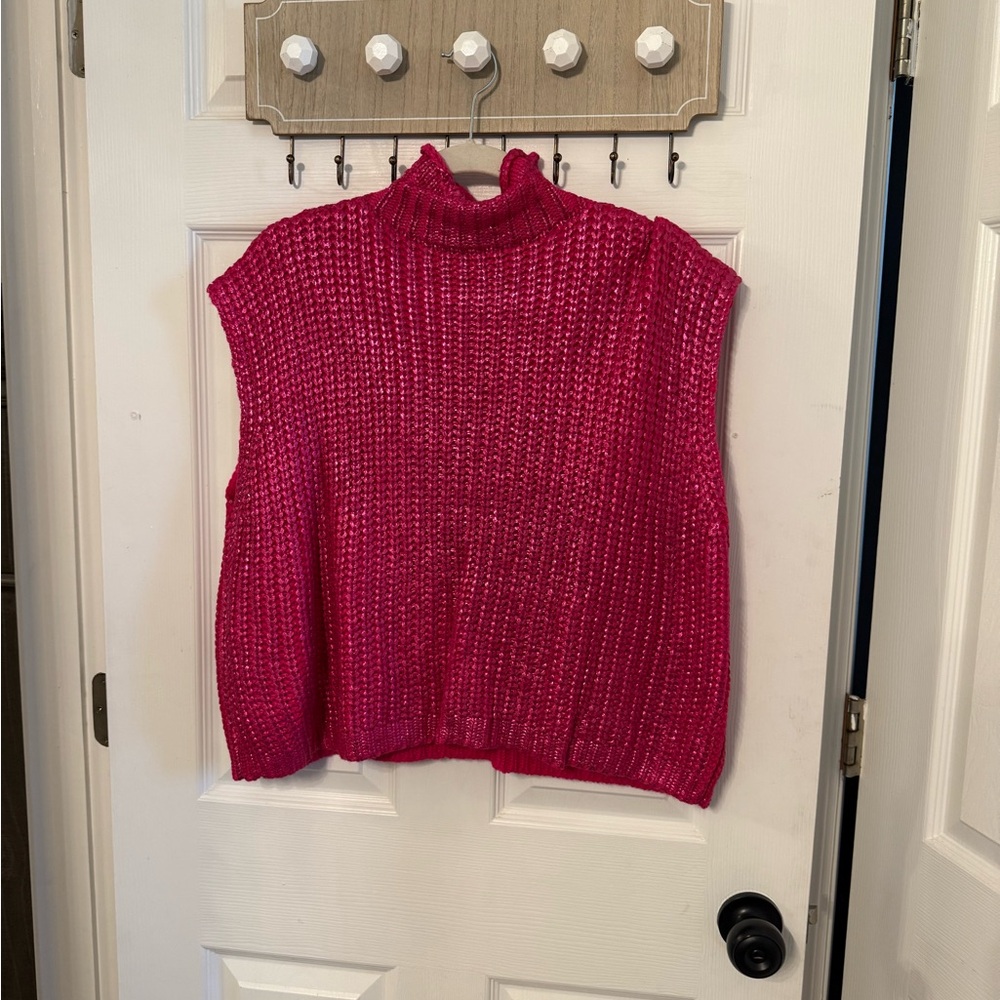 She + Sky Fuchsia Sleeveless Turtleneck Sweater